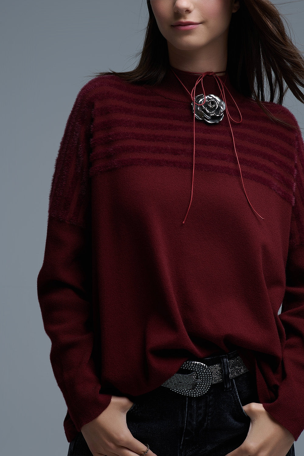 High Neck relaxed Sweater With Textured Stripes in Burgundy
