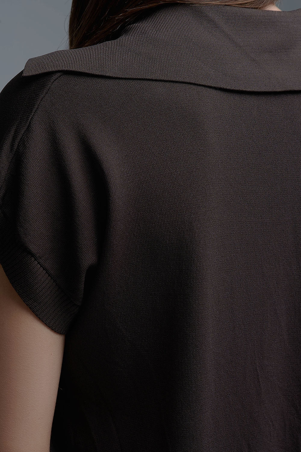 Fine Knit Polo-Style Short Sleeve Top in Brown