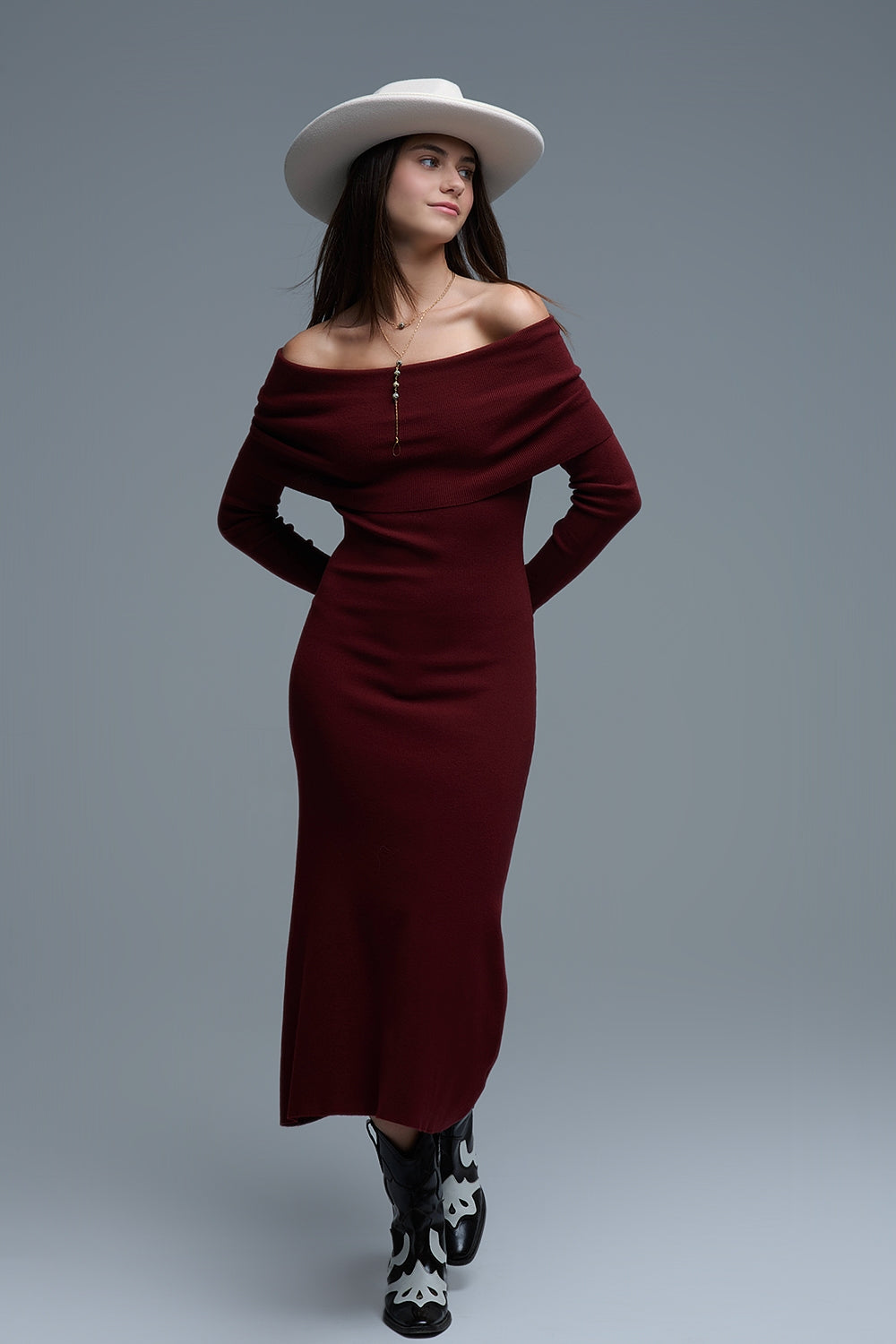 Maxi Knitted wide Bardot Dress in burgundy - dress, Dresses