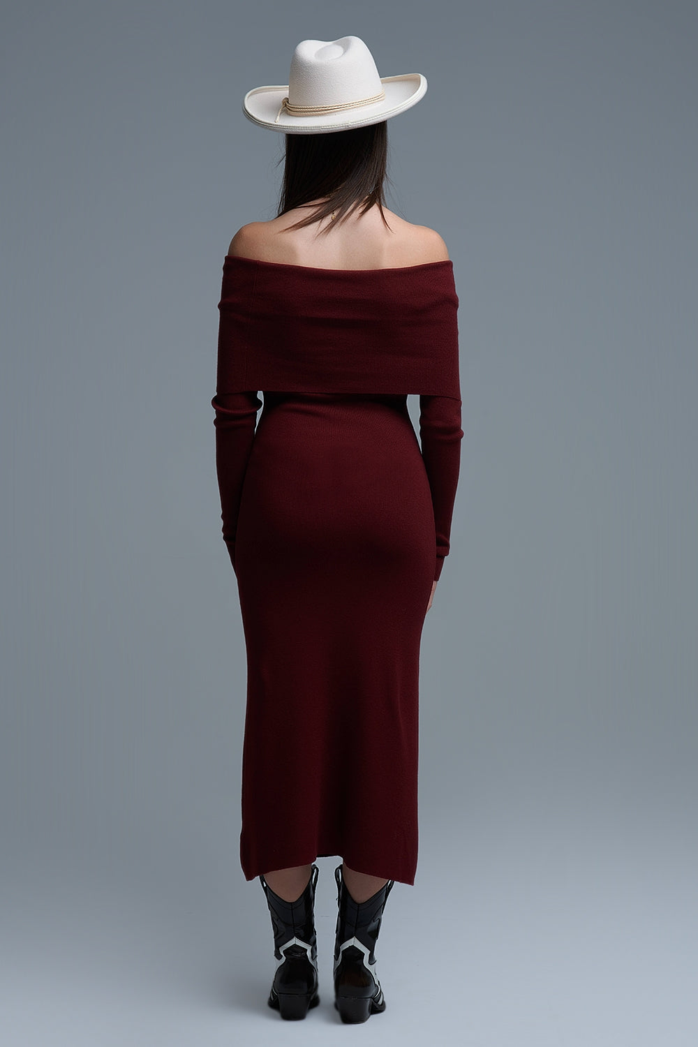 Maxi Knitted wide Bardot Dress in burgundy - dress, Dresses