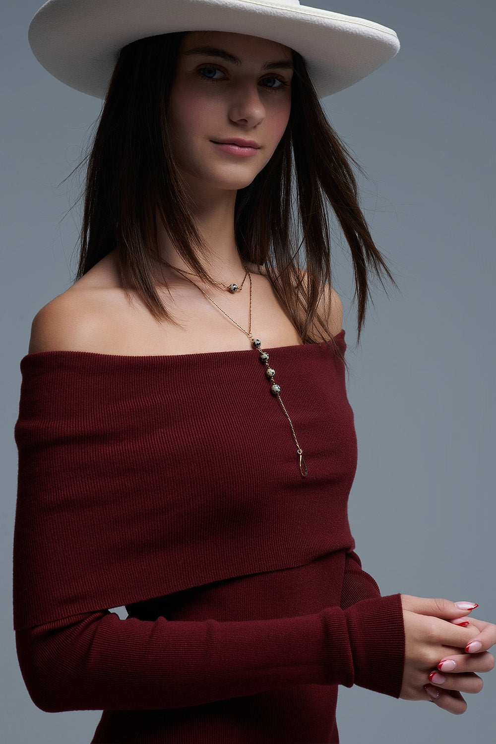 Maxi Knitted wide Bardot Dress in burgundy - dress, Dresses
