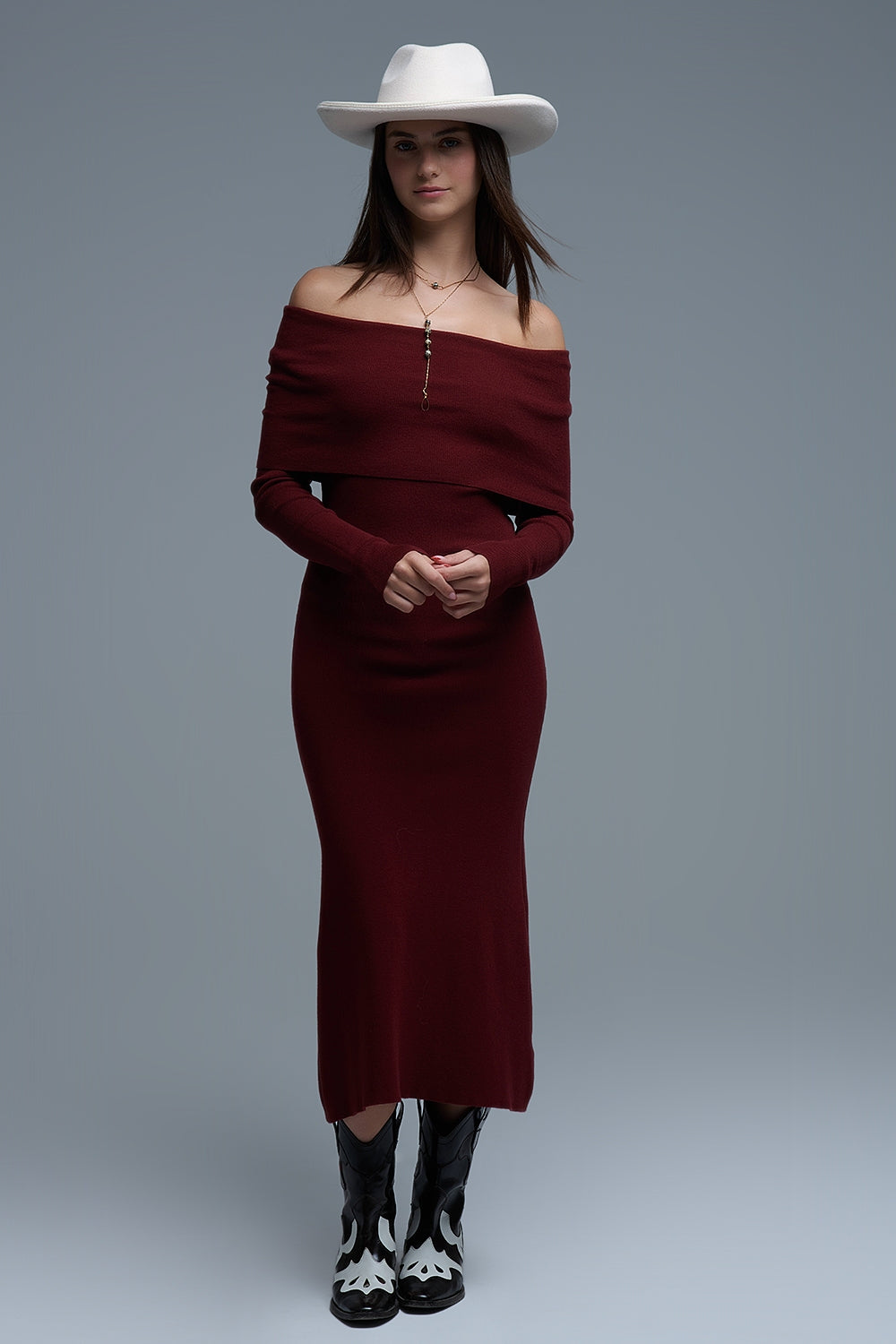 Maxi Knitted wide Bardot Dress in burgundy - dress, Dresses