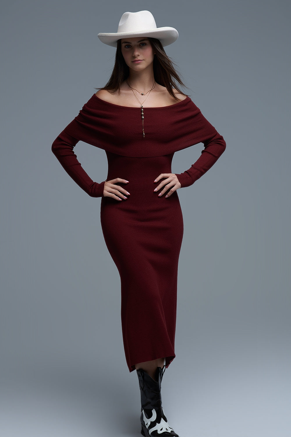 Maxi Knitted wide Bardot Dress in burgundy - dress, Dresses