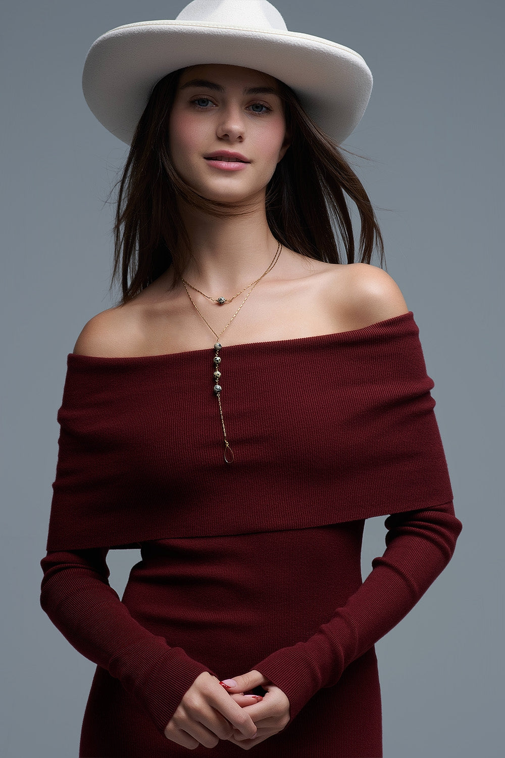 Maxi Knitted wide Bardot Dress in burgundy - dress, Dresses