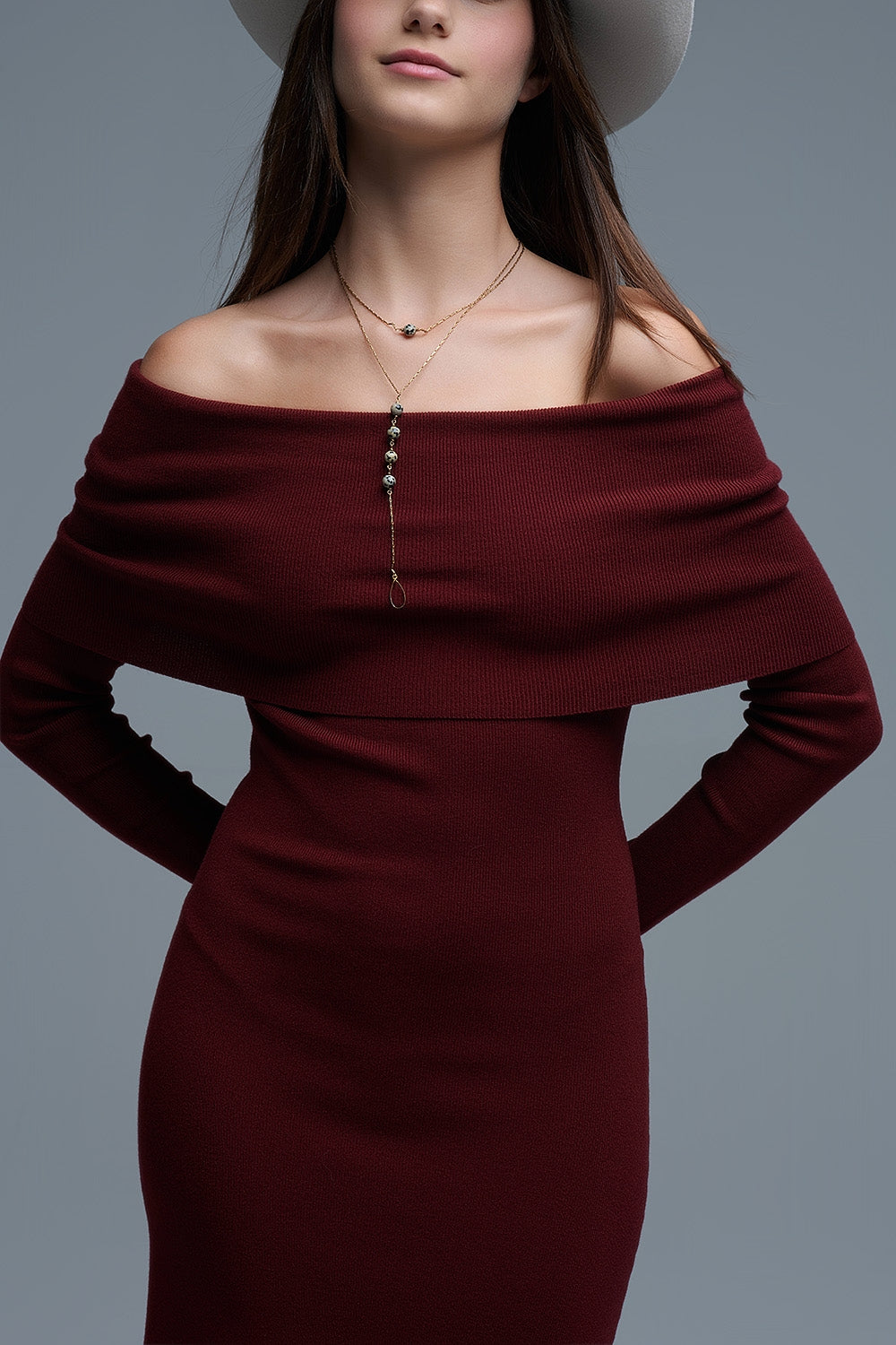 Maxi Knitted wide Bardot Dress in burgundy - dress, Dresses