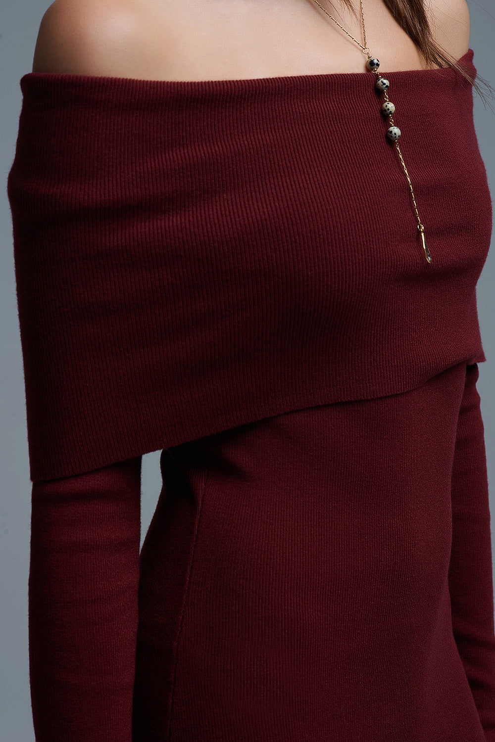 Maxi Knitted wide Bardot Dress in burgundy - dress, Dresses
