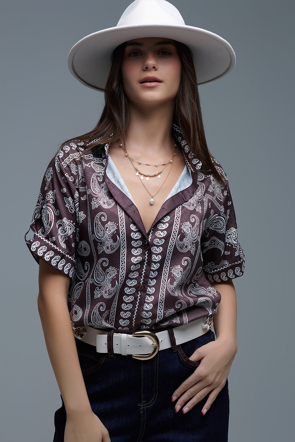 Chemise à manches courtes à imprimé cachemire marron
