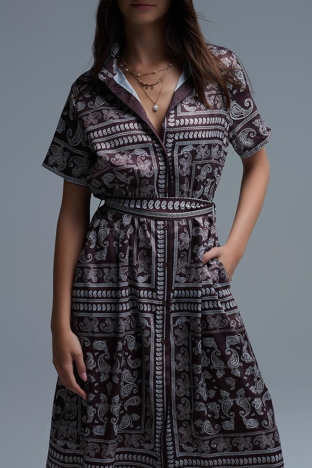 Short Sleeve Paisley Print Shirt Dress in brown - dress