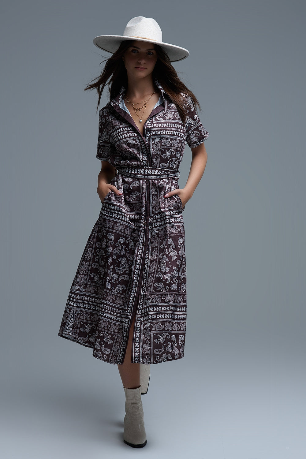 Short Sleeve Paisley Print Shirt Dress in brown - dress