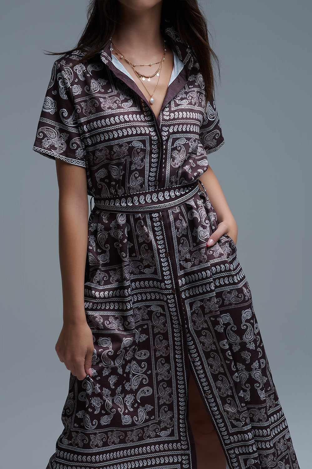Short Sleeve Paisley Print Shirt Dress in brown - dress