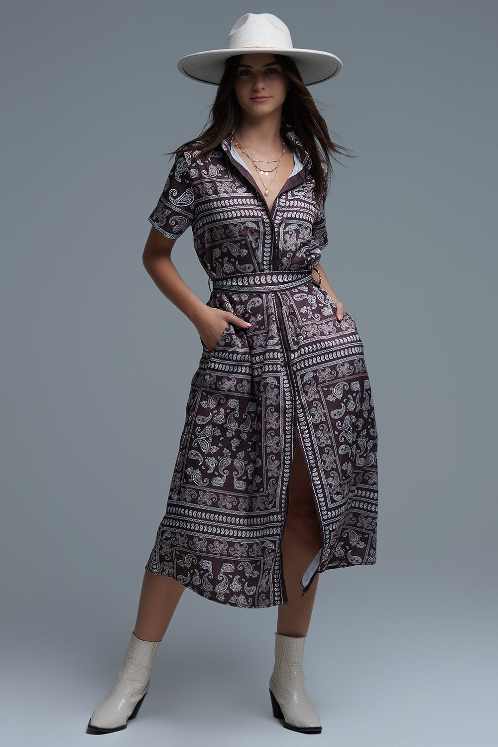 Short Sleeve Paisley Print Shirt Dress in brown - dress