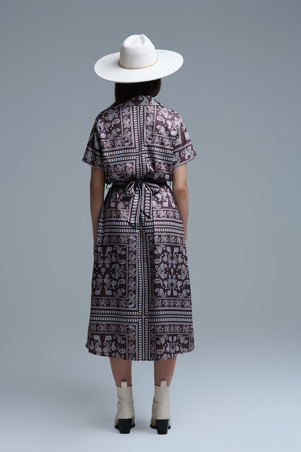 Short Sleeve Paisley Print Shirt Dress in brown - dress