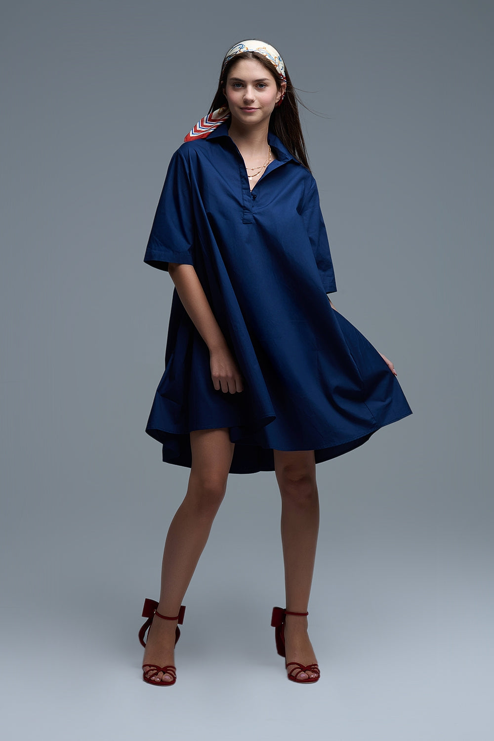 Oversized 3/4 Sleeve Poplin Dress in Navy