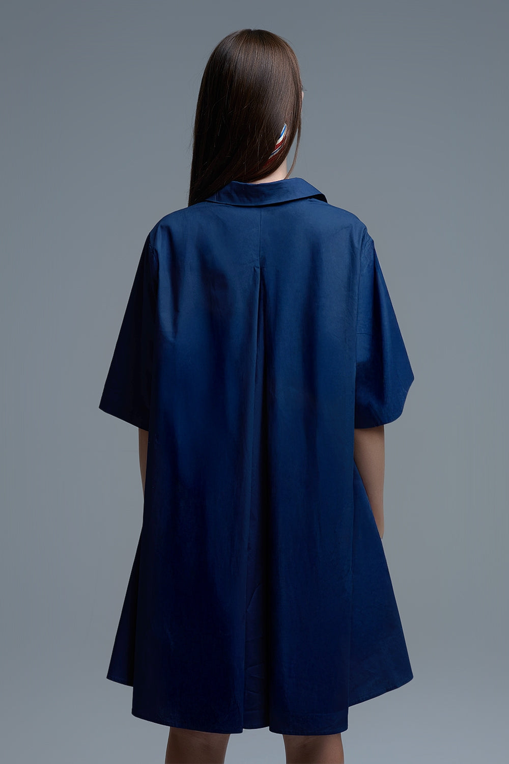 Oversized 3/4 Sleeve Poplin Dress in Navy - dress