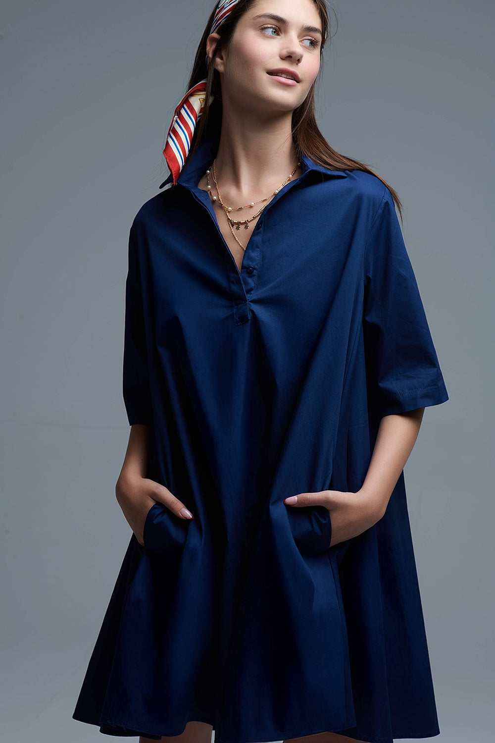 Oversized 3/4 Sleeve Poplin Dress in Navy - dress