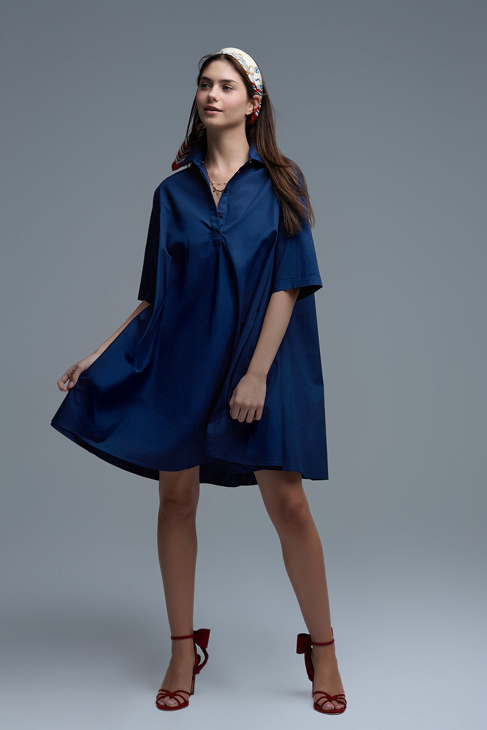 Oversized 3/4 Sleeve Poplin Dress in Navy - dress