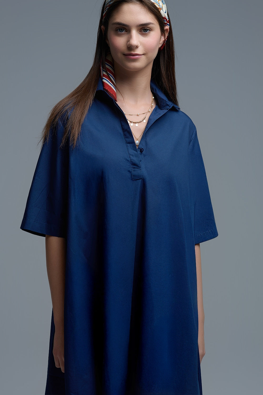 Oversized 3/4 Sleeve Poplin Dress in Navy - dress