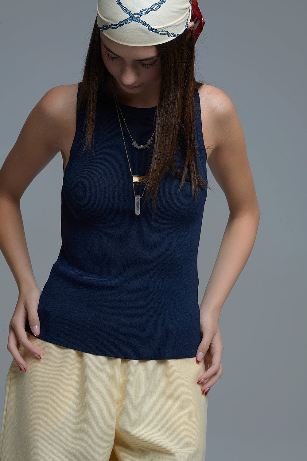 Navy Ribbed fine knit Sleeveless Top - Jumpers