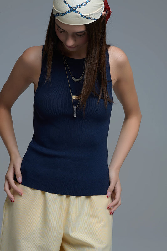Navy Ribbed fine knit Sleeveless Top - Jumpers