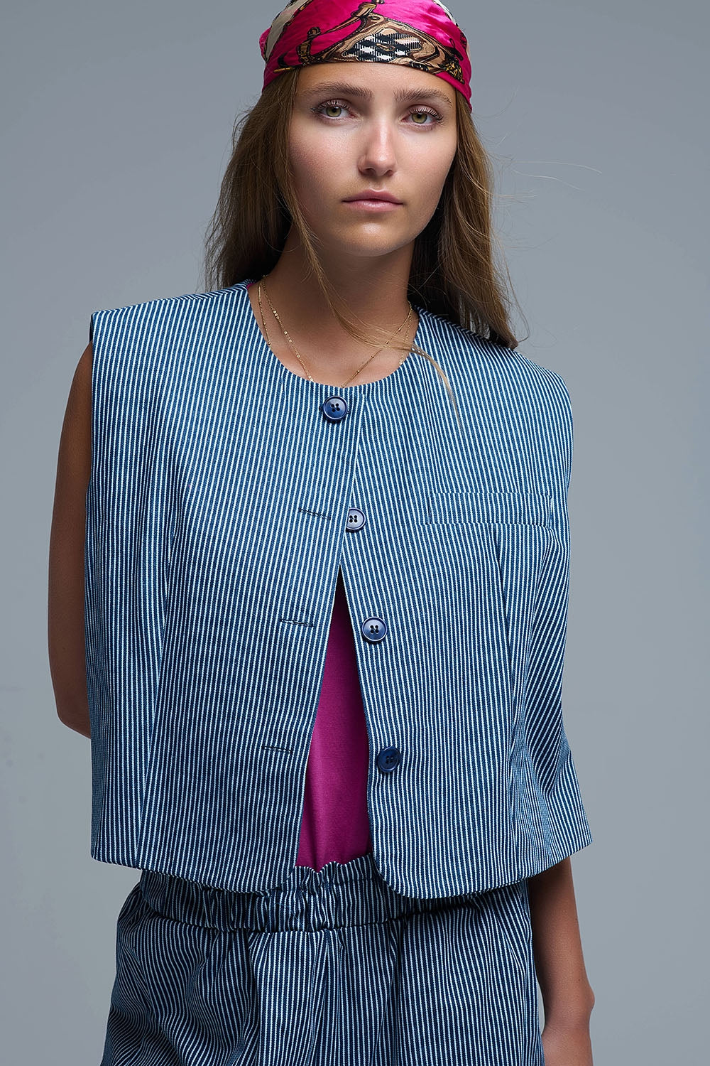 Blue and White Striped Crew Neck Vest - blazer