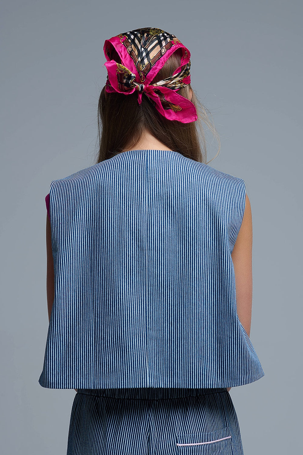 Blue and White Striped Crew Neck Vest - blazer