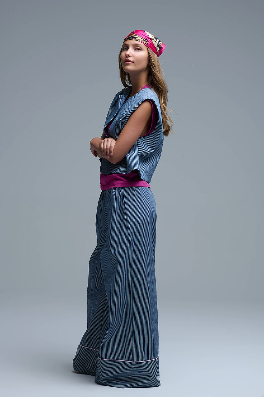 Blue and White Striped Crew Neck Vest - blazer