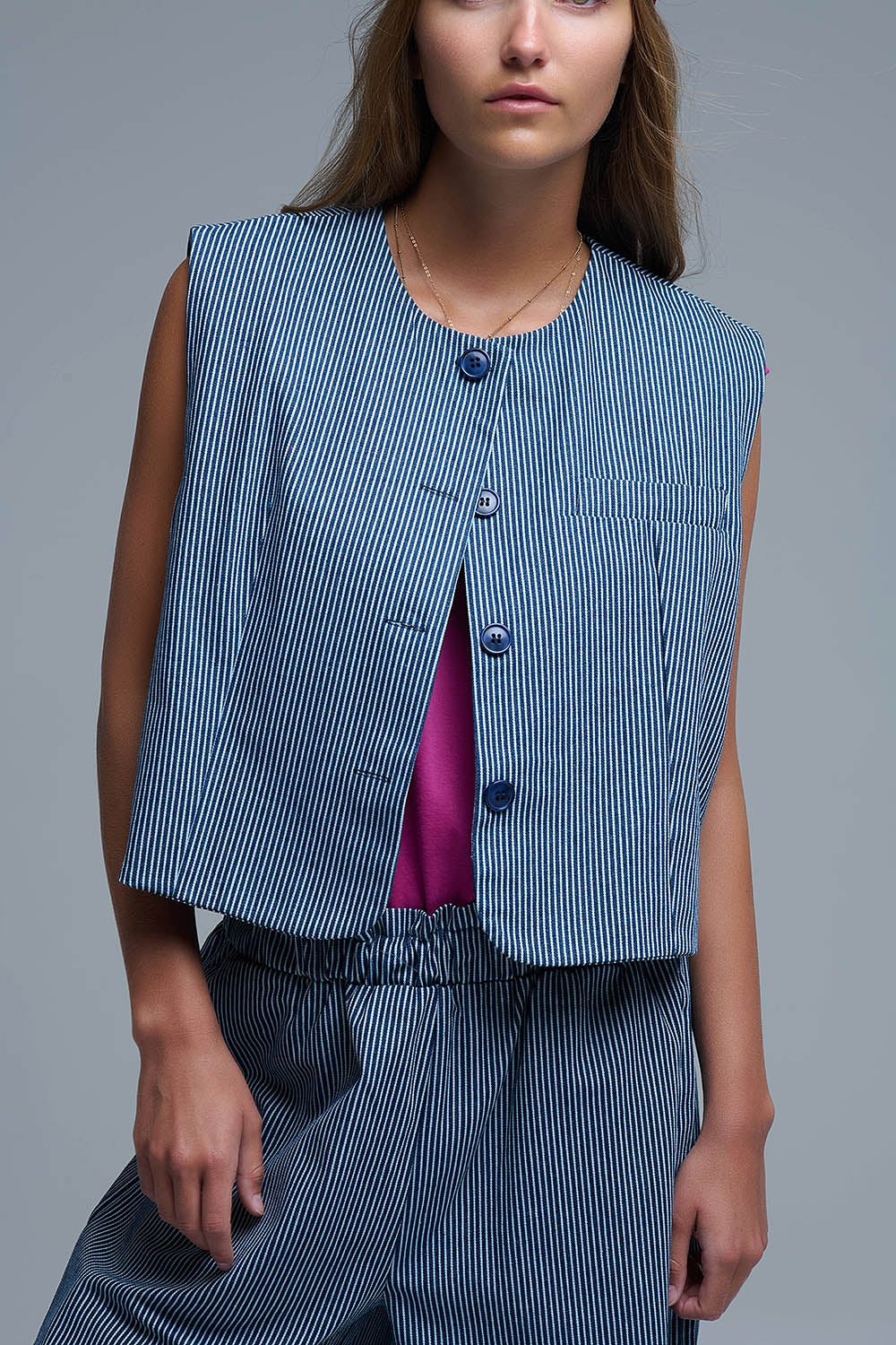 Blue and White Striped Crew Neck Vest - blazer