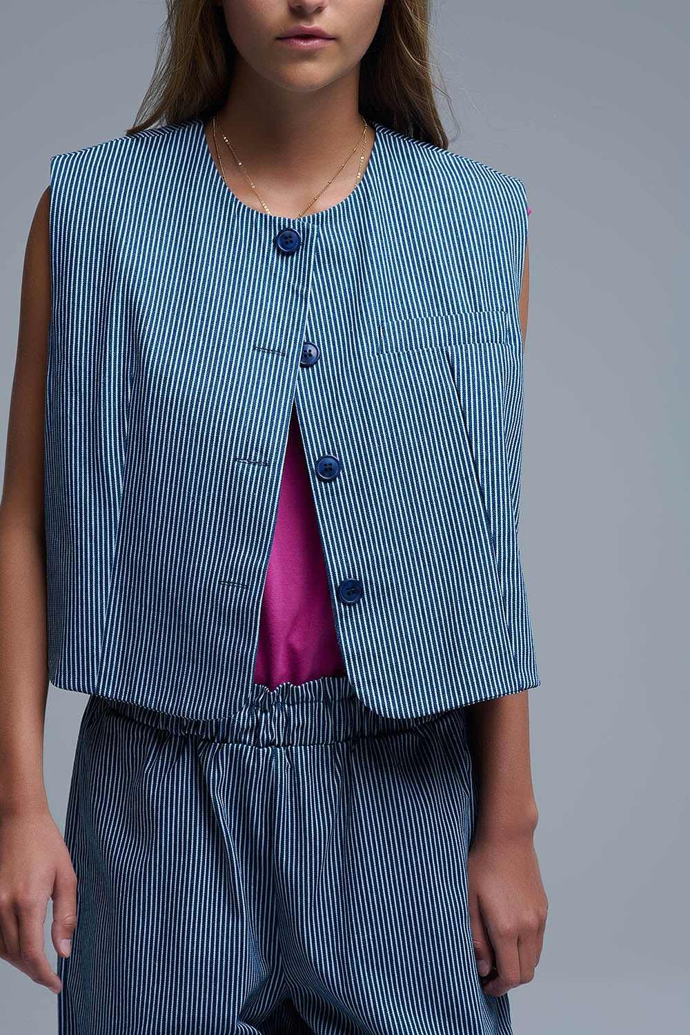 Blue and White Striped Crew Neck Vest - blazer