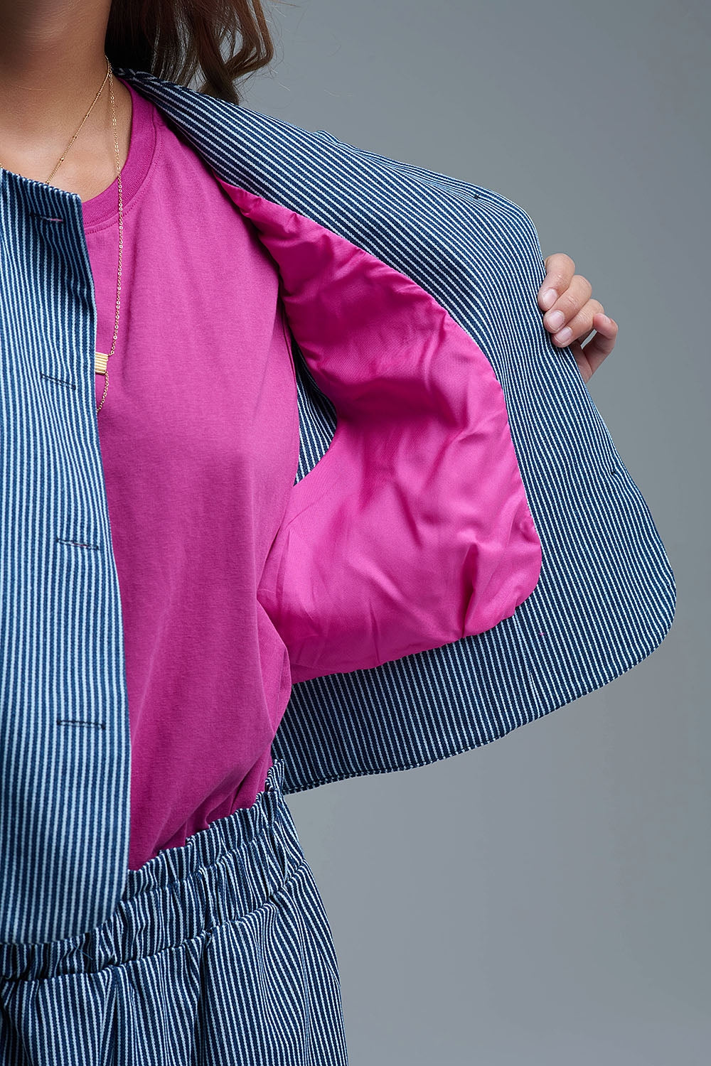 Blue and White Striped Crew Neck Vest - blazer