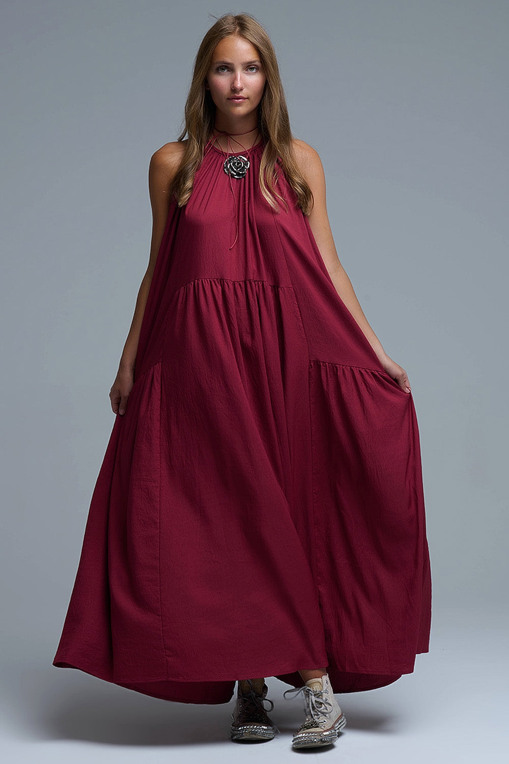 Burgundy Halter Neck Maxi Dress With Seam Detailing - dress