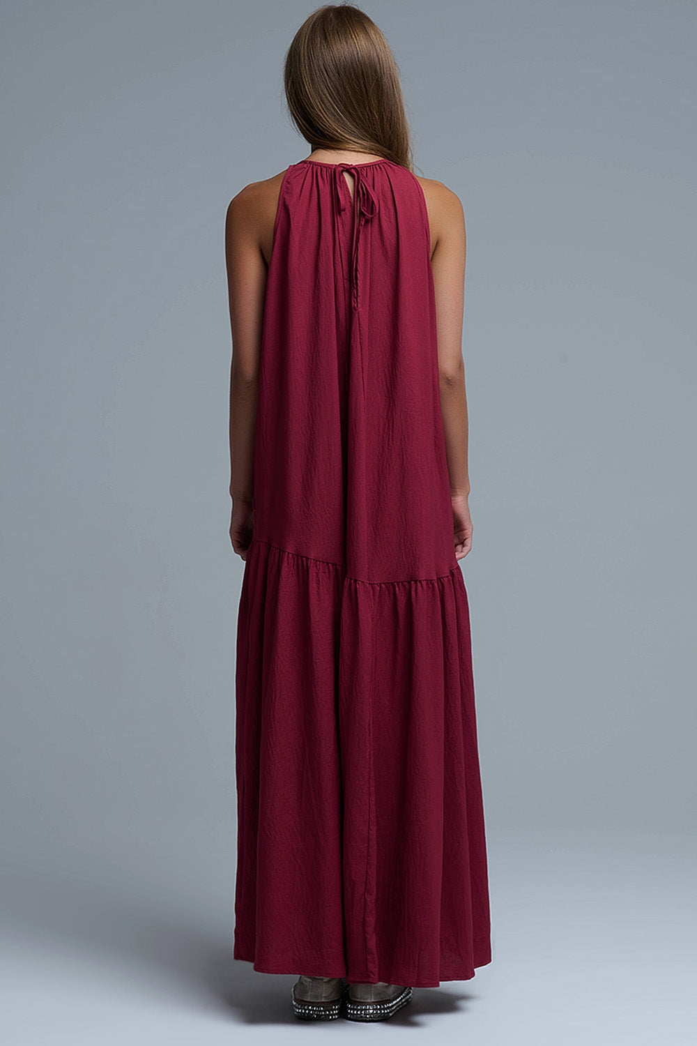 Burgundy Halter Neck Maxi Dress With Seam Detailing - dress