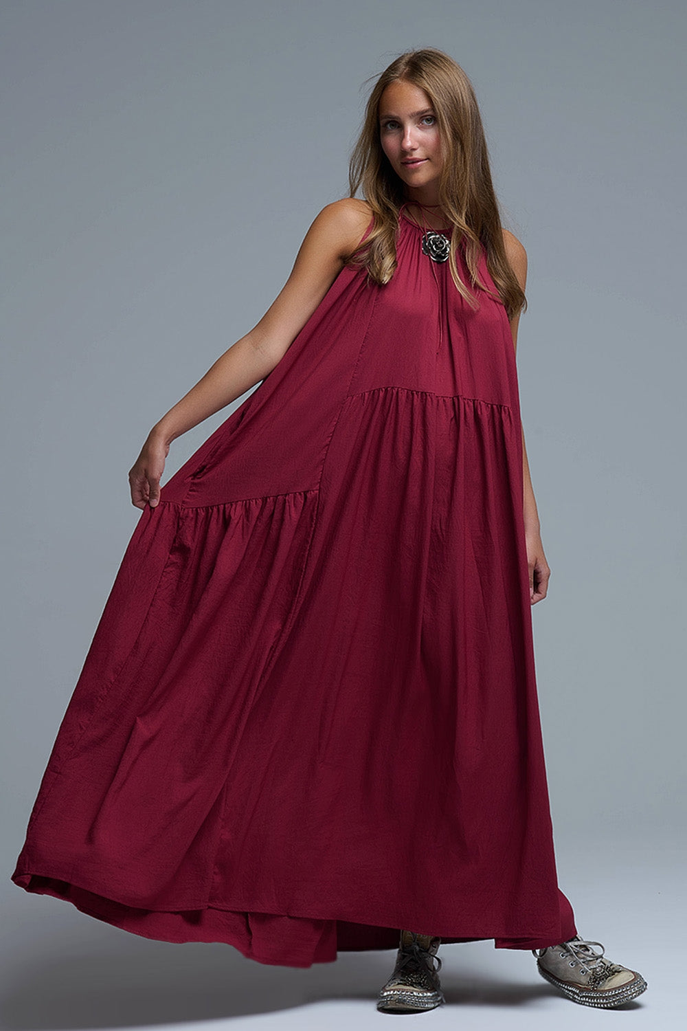 Burgundy Halter Neck Maxi Dress With Seam Detailing - dress