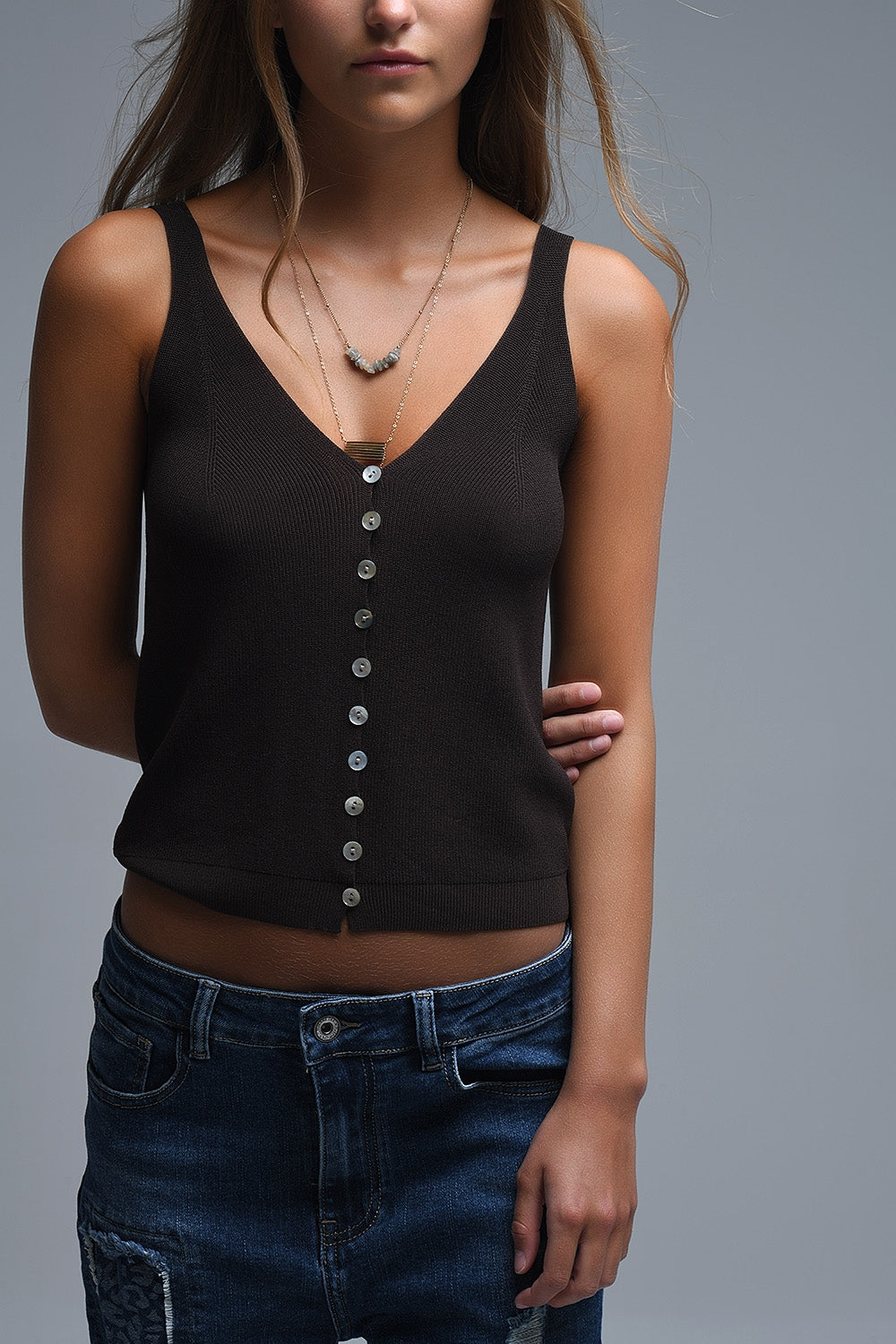brown Knit Buttoned Crop Top