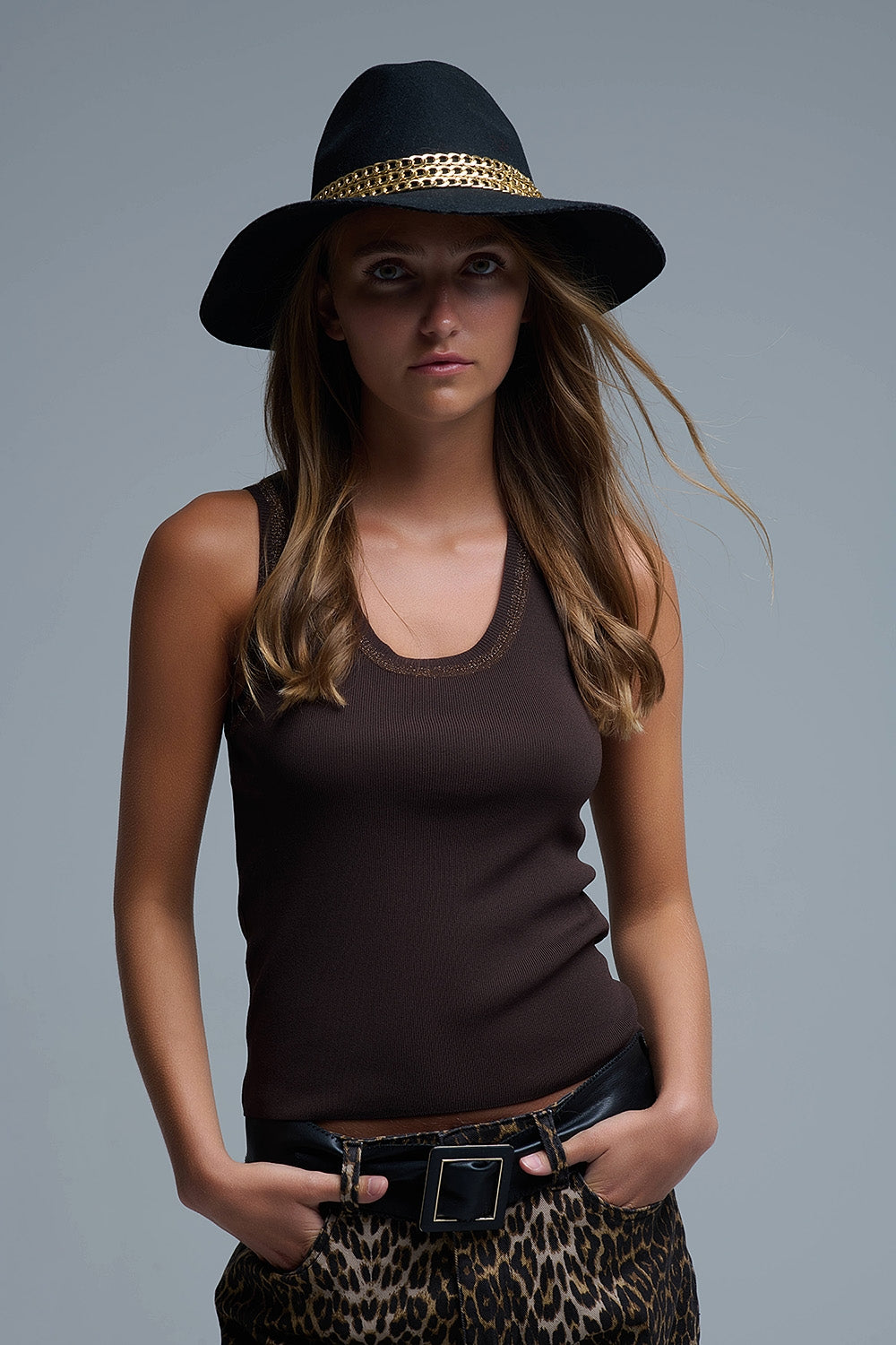 brown Knit Buttoned Crop Top
