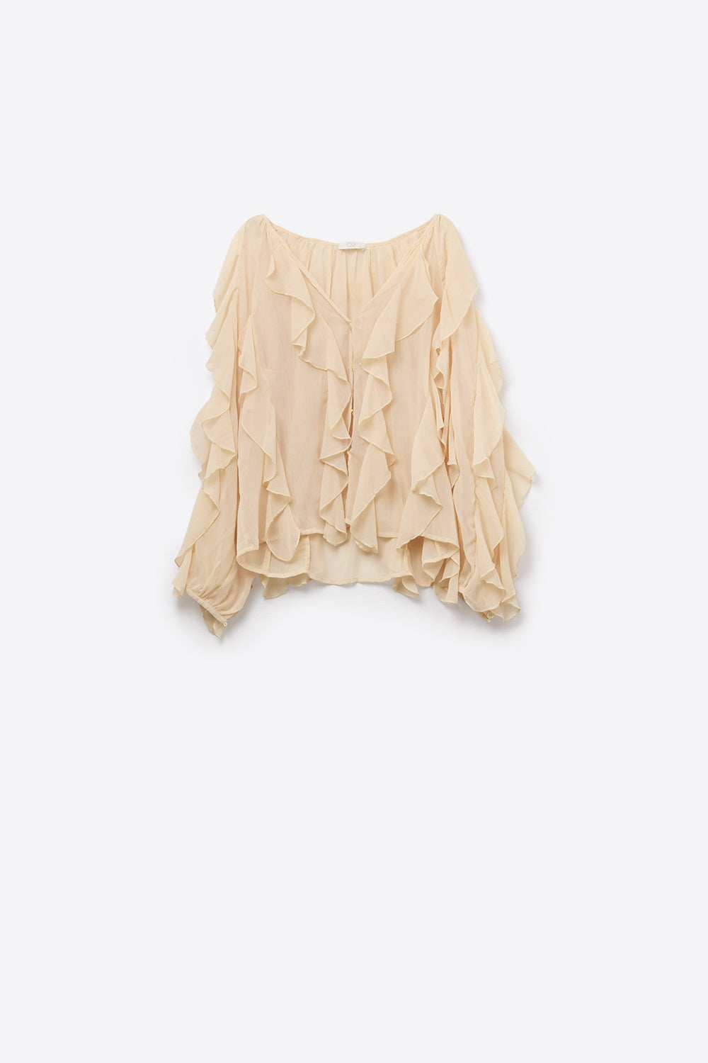Beige V-Neck All Over Ruffle Blouse