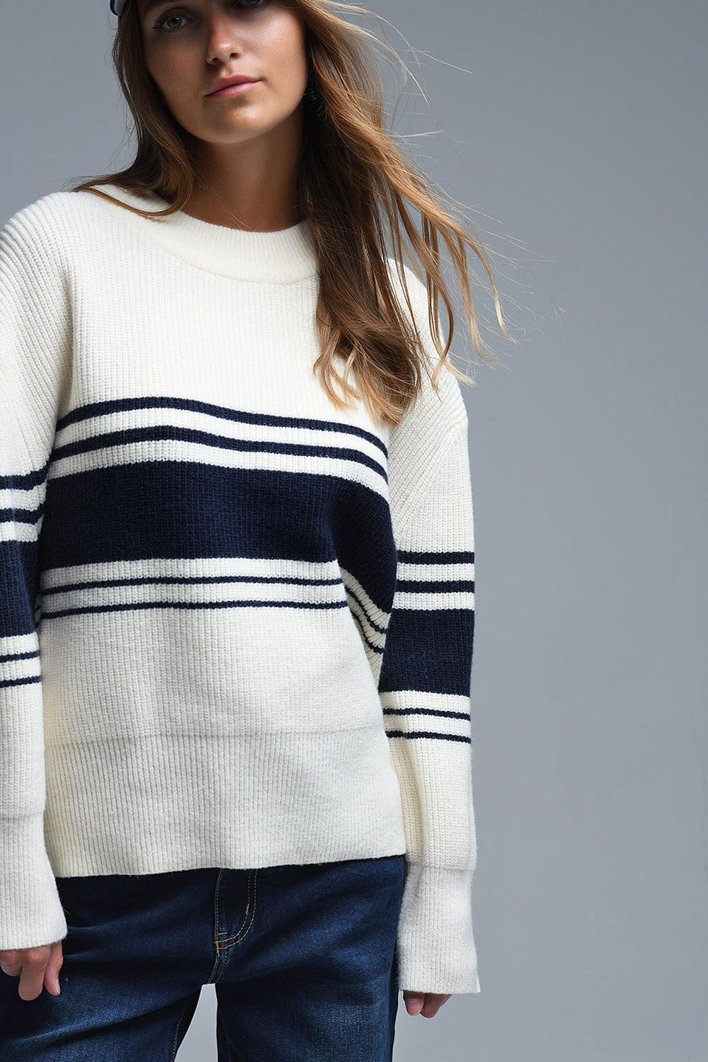 Ribbed Cream Sweater With Navy Chest Stripes