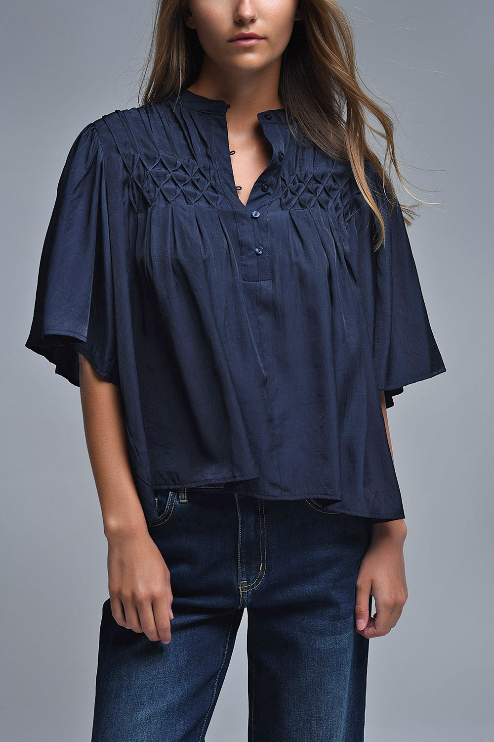 Relaxed Navy boho-style blouse with embroidered details