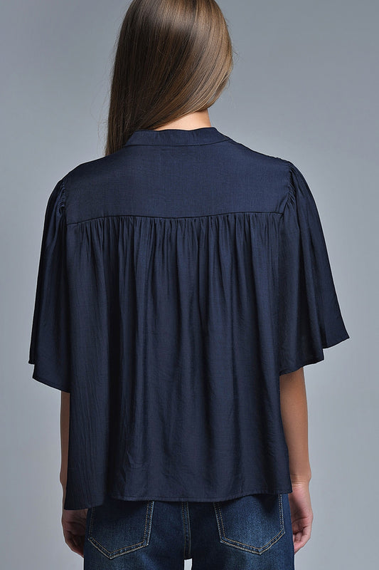 Relaxed Navy boho-style blouse with embroidered details - top