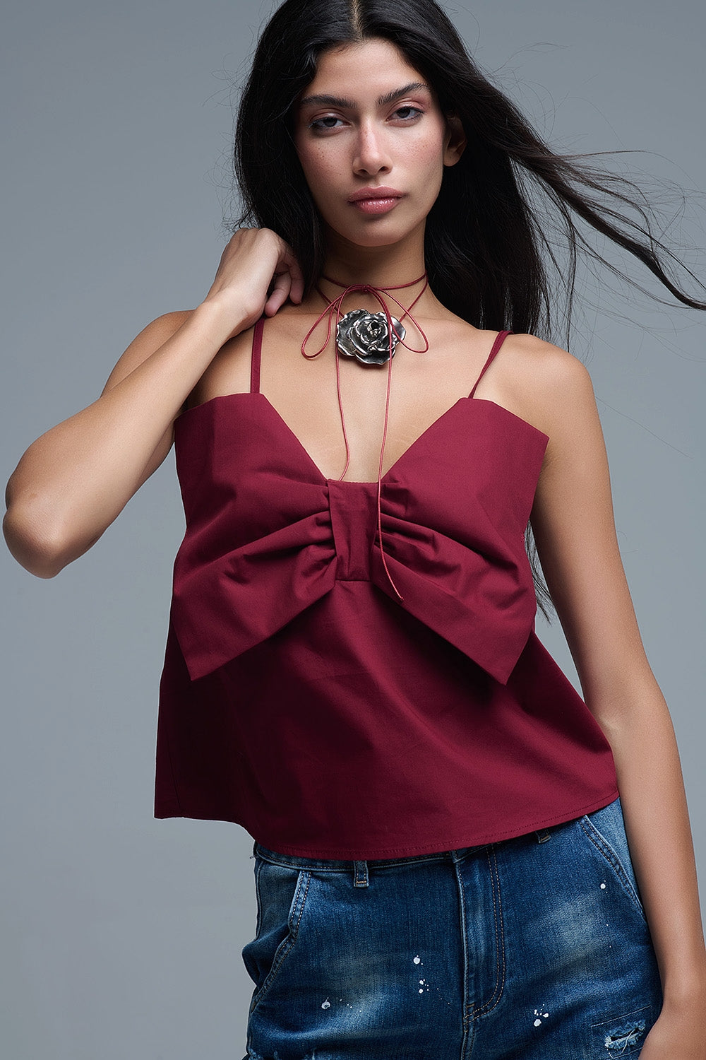 Burgundy poplin crop top with bow detail