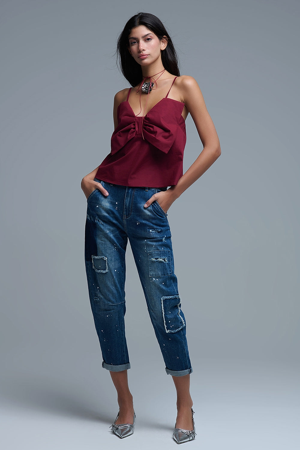 Burgundy poplin crop top with bow detail