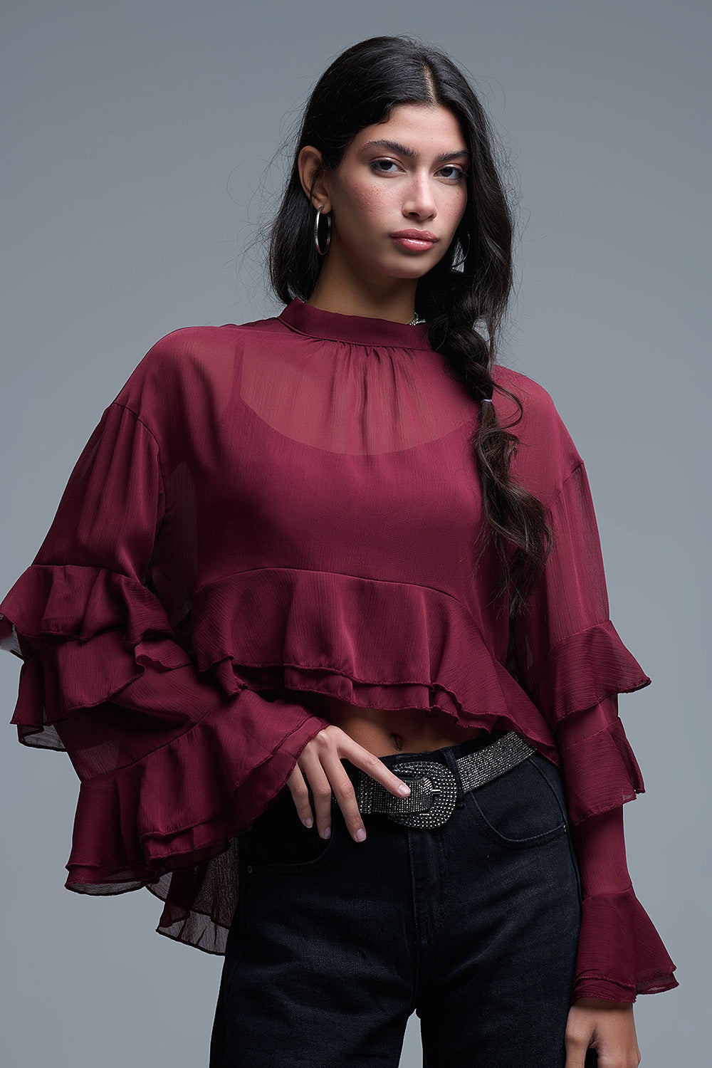 Sheer Cape-style Burgundy Blouse in chiffon With Ruffles