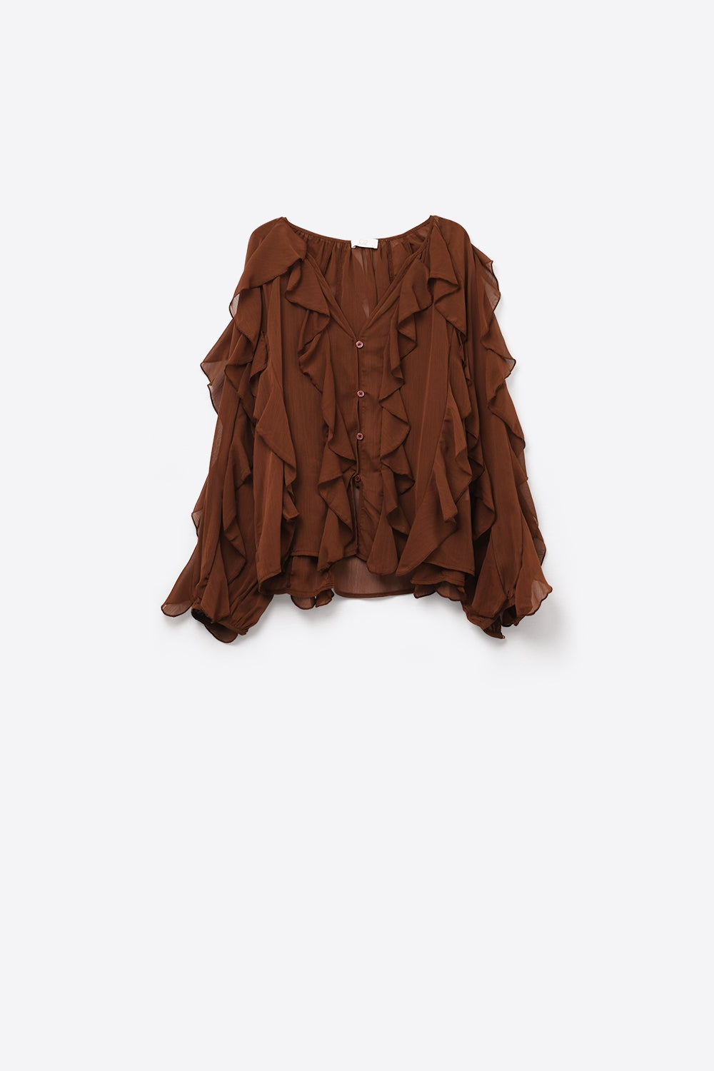 Brown chiffon V-Neck All Over Ruffle Blouse - Shirts