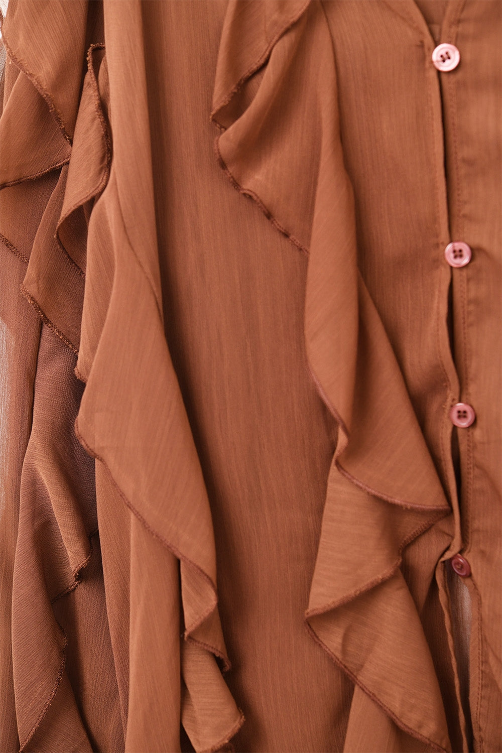 Brown chiffon V-Neck All Over Ruffle Blouse - Shirts