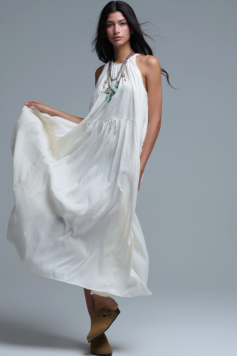 Cream Halter Neck Maxi Dress With Seam Detailing - dress