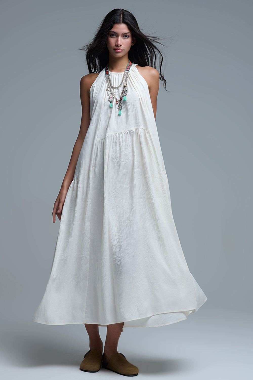 Cream Halter Neck Maxi Dress With Seam Detailing - dress