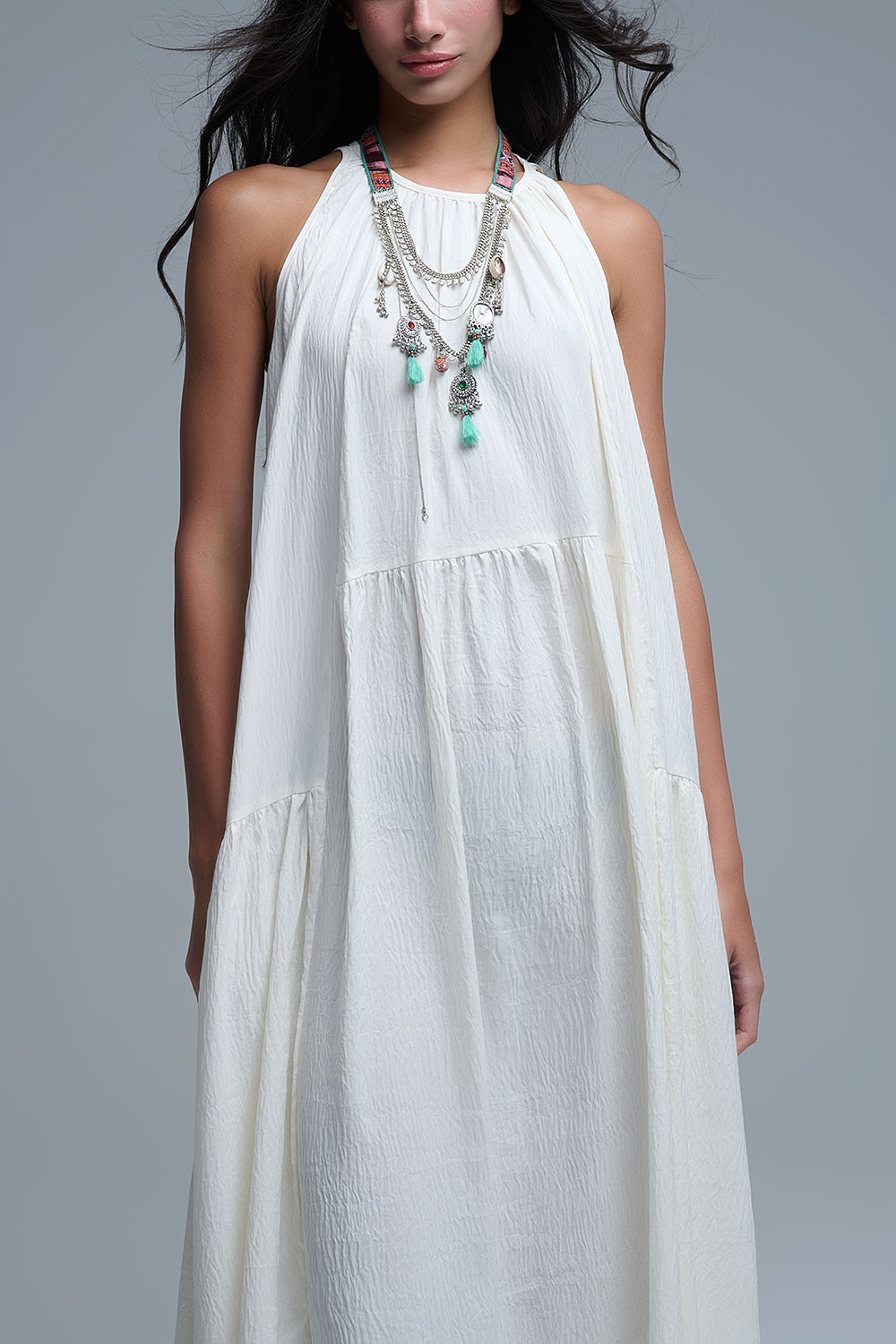 Cream Halter Neck Maxi Dress With Seam Detailing - dress