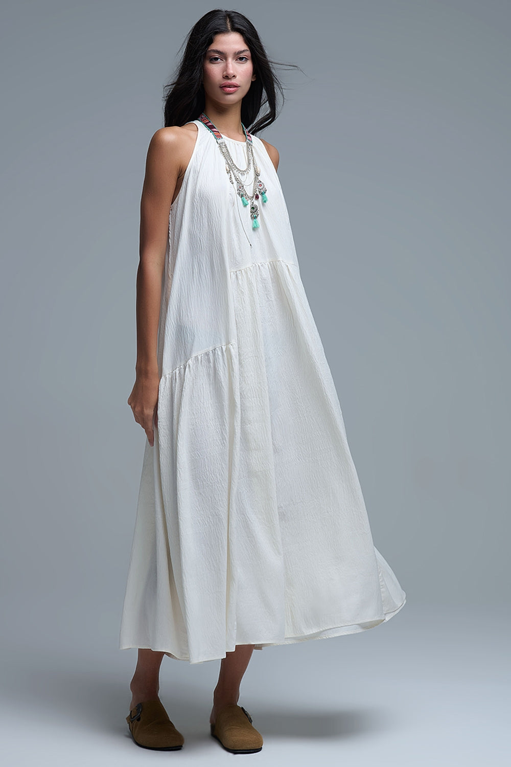 Cream Halter Neck Maxi Dress With Seam Detailing - dress