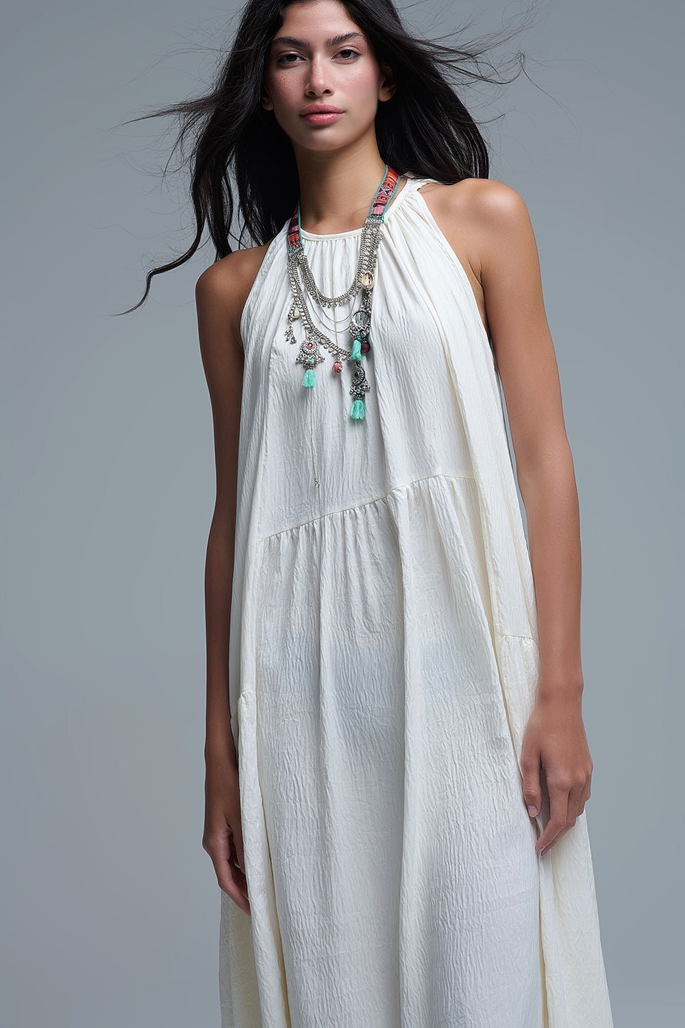 Cream Halter Neck Maxi Dress With Seam Detailing - dress