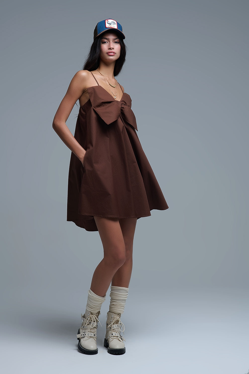 Brown poplin mini dress with a big bow detail - dress