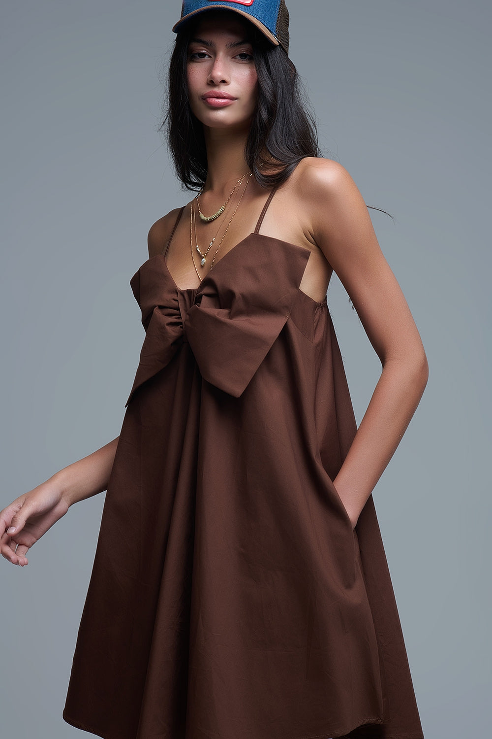 Brown poplin mini dress with a big bow detail - dress